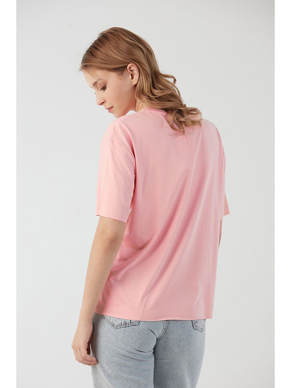 Pembe Basic Bisiklet Yaka Oversize Modal Tişört-2