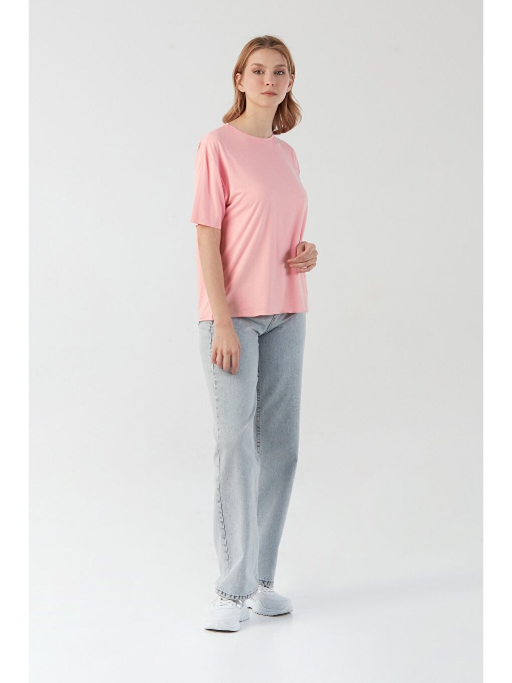 Pembe Basic Bisiklet Yaka Oversize Modal Tişört-3