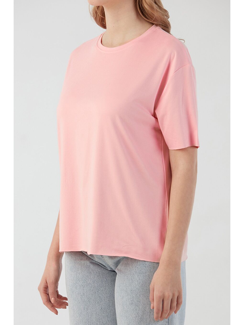 Pembe Basic Bisiklet Yaka Oversize Modal Tişört-4