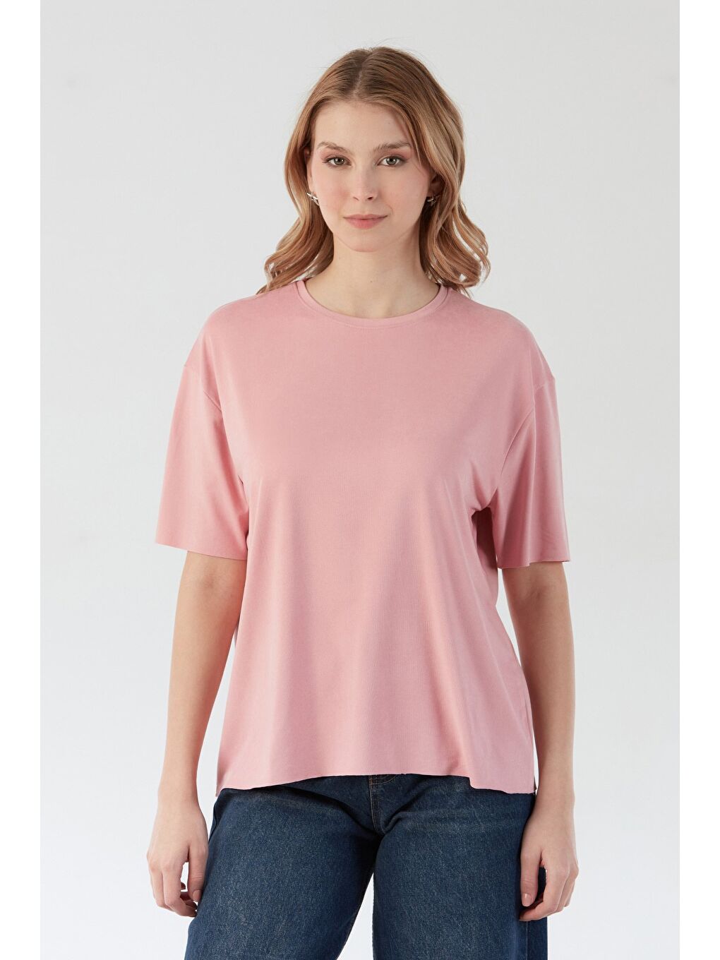 Pembe Basic Bisiklet Yaka Oversize Modal Tişört