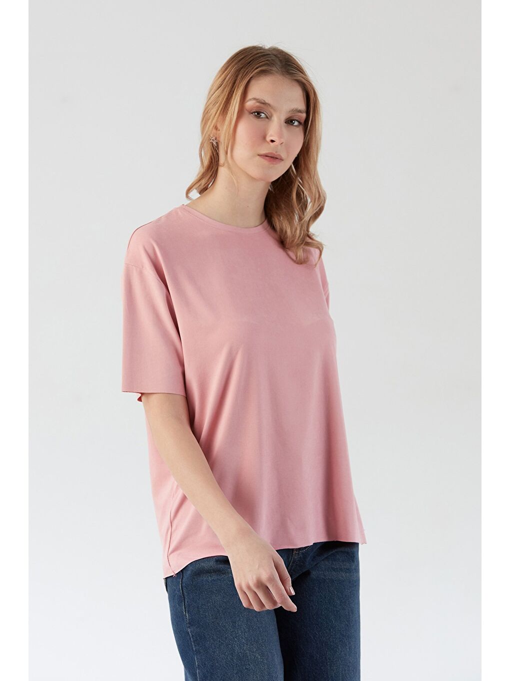 Pembe Basic Bisiklet Yaka Oversize Modal Tişört-1