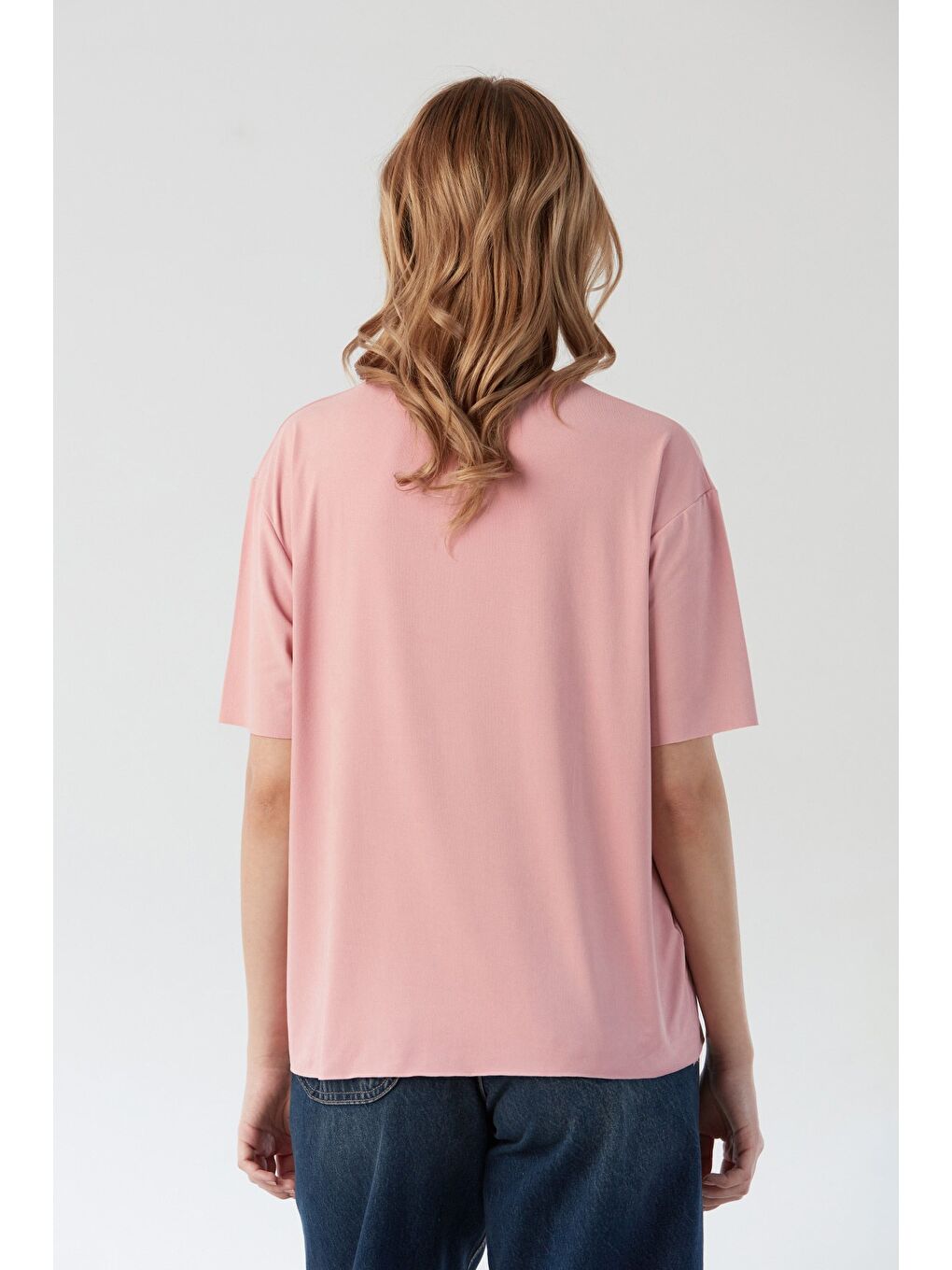 Pembe Basic Bisiklet Yaka Oversize Modal Tişört-2