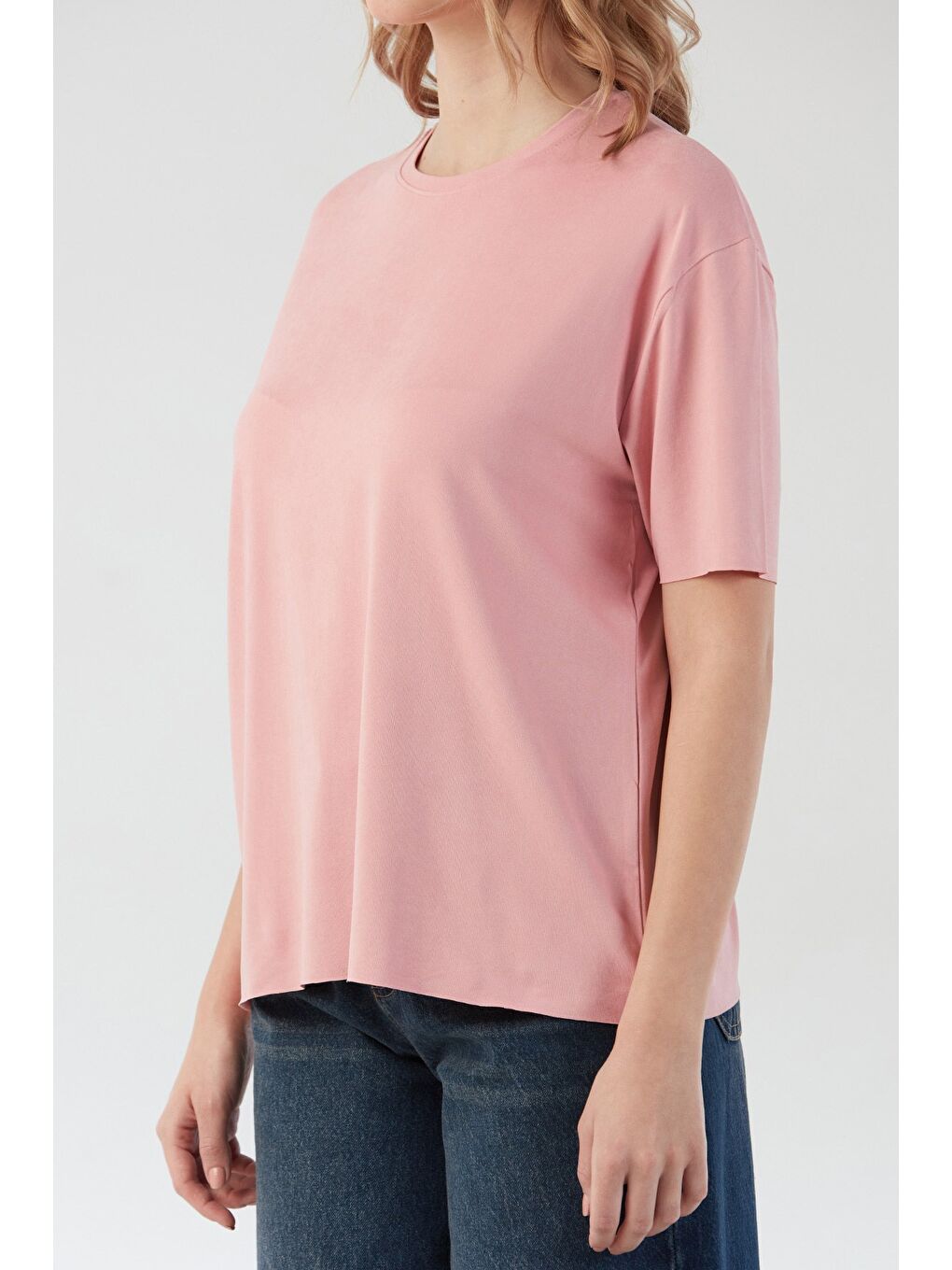 Pembe Basic Bisiklet Yaka Oversize Modal Tişört-4
