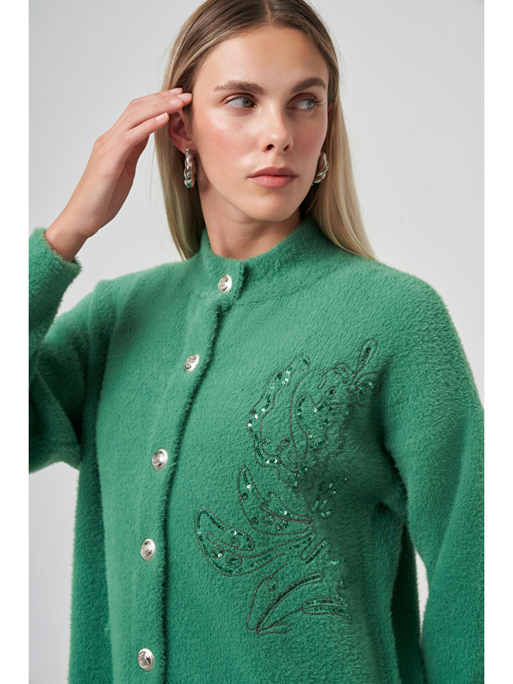 Yeşil Nakış İşleme Detay Hırka 7007 Benetton-1