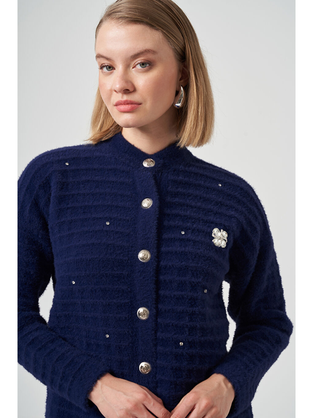 Taş ve Broş Detay Angora Hırka 7010 Lacivert-1