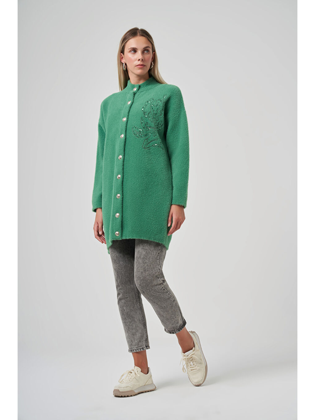 Yeşil Nakış İşleme Detay Hırka 7007 Benetton-2