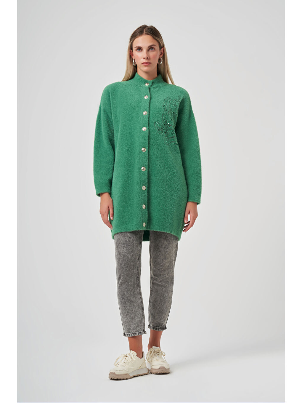 Yeşil Nakış İşleme Detay Hırka 7007 Benetton-4