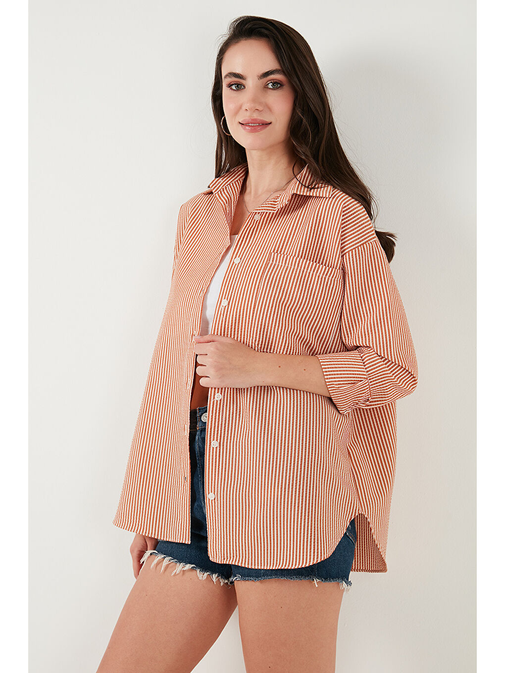 Kahverengi Regular Fit Uzun Kollu Cepli Çizgili Kadın Gömlek 6772895-2