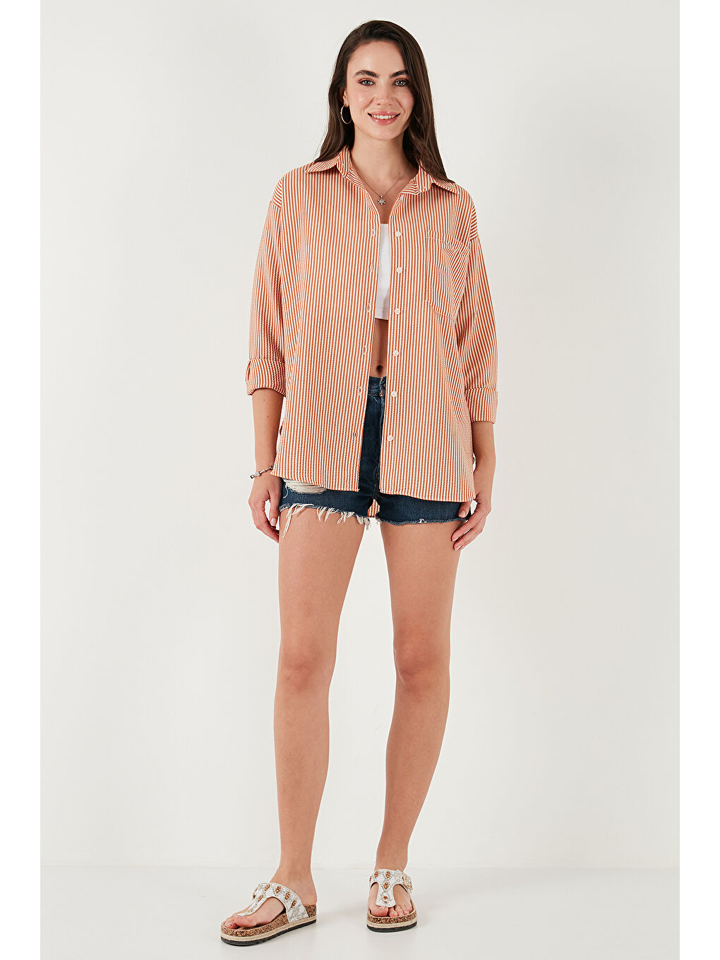 Kahverengi Regular Fit Uzun Kollu Cepli Çizgili Kadın Gömlek 6772895-3