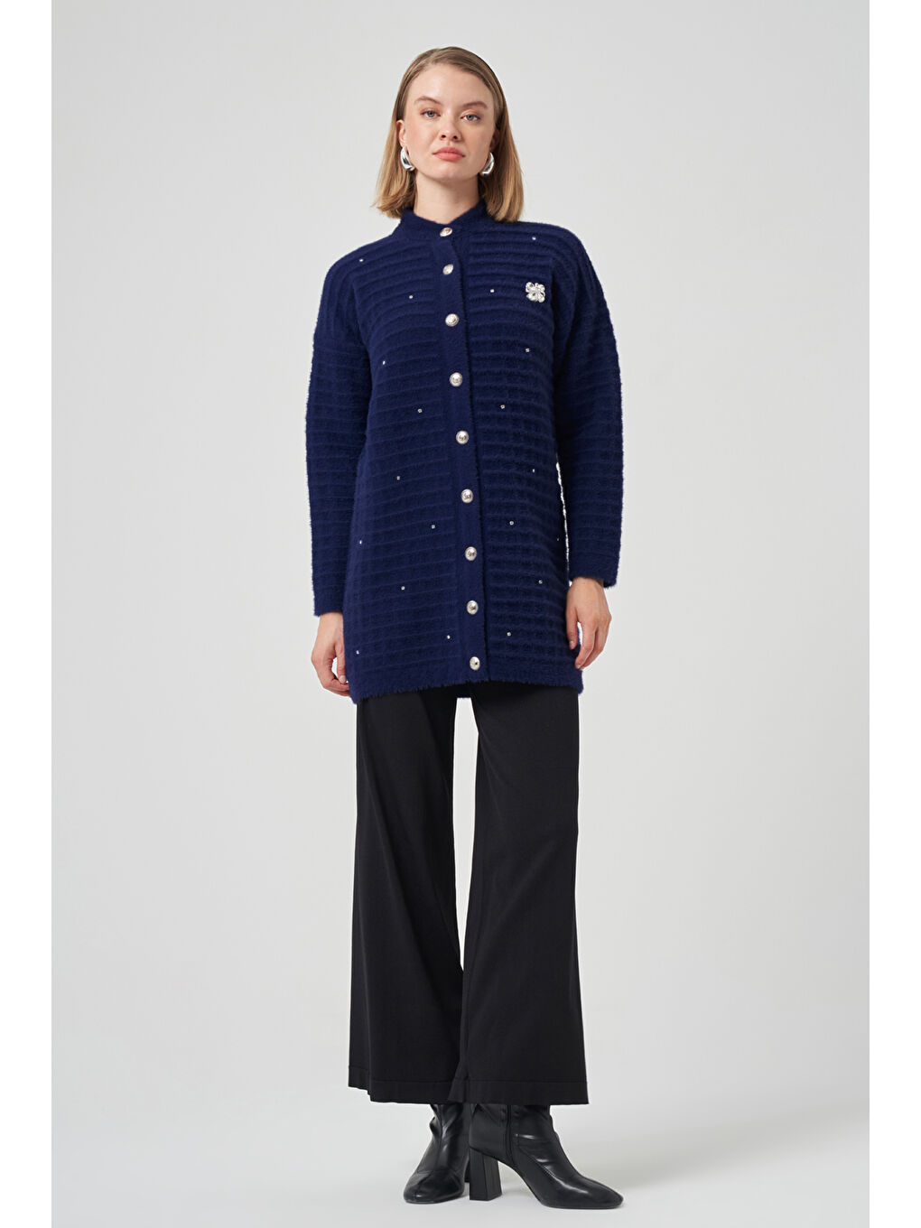 Taş ve Broş Detay Angora Hırka 7010 Lacivert-3