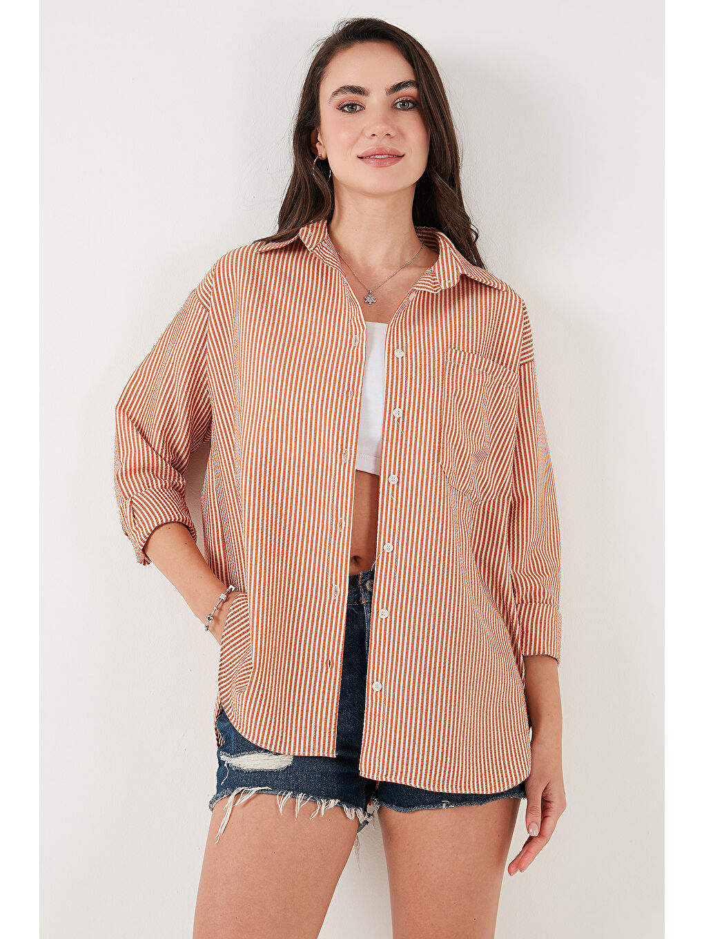 Kahverengi Regular Fit Uzun Kollu Cepli Çizgili Kadın Gömlek 6772895-5