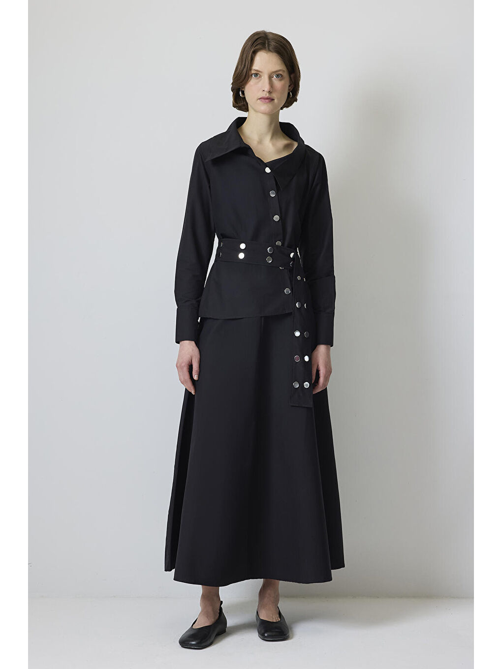 Siyah Kuşgözü Kemerli Gömlek Etek Takım-1