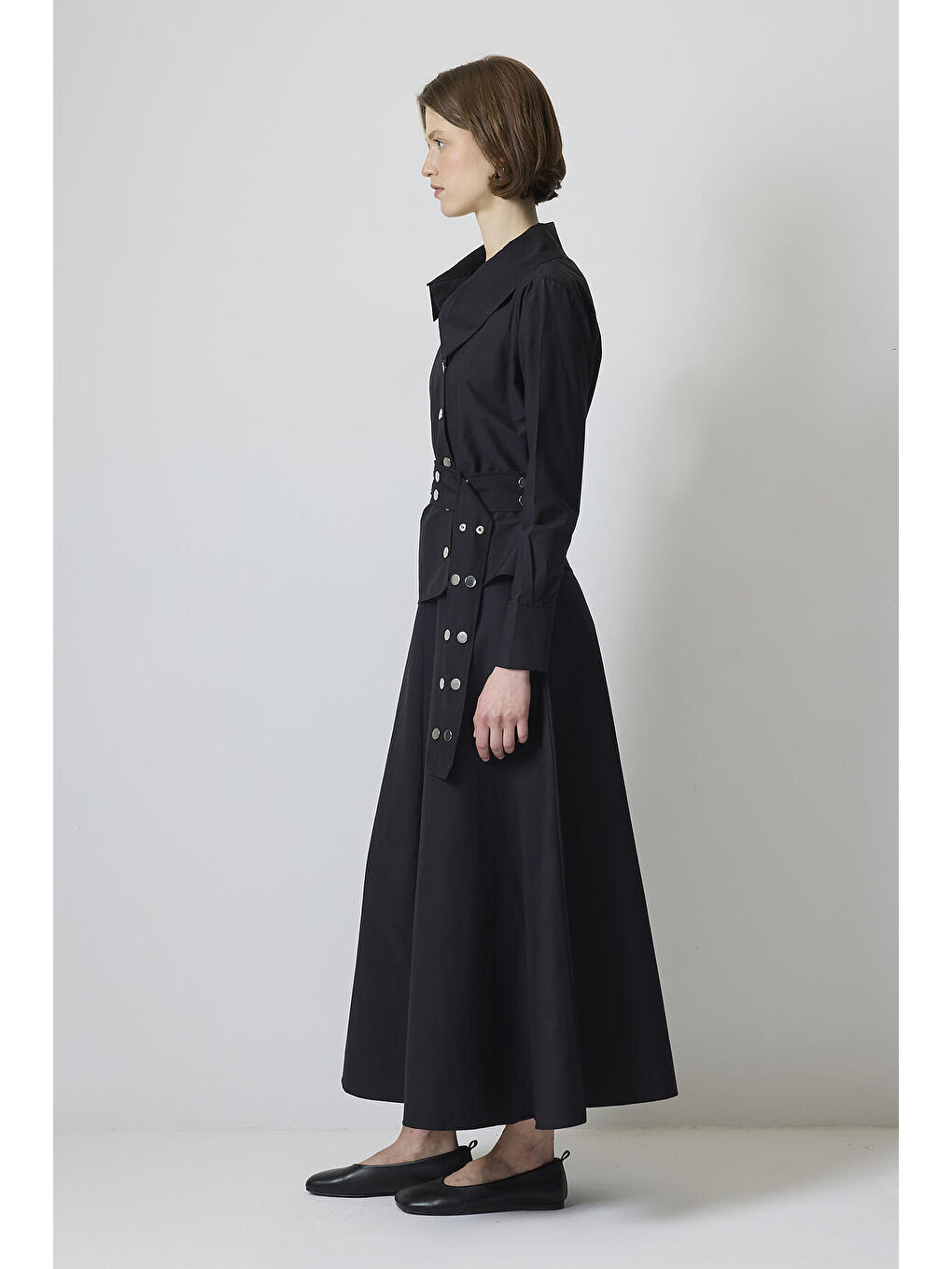 Siyah Kuşgözü Kemerli Gömlek Etek Takım