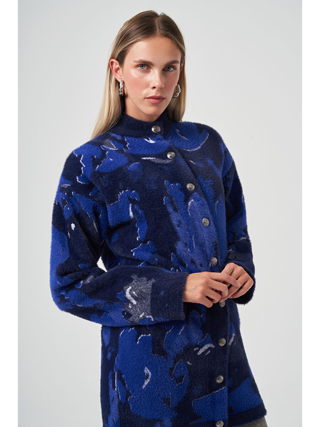 Desenli Düğme Detay Angora Hırka 7006 Lacivert