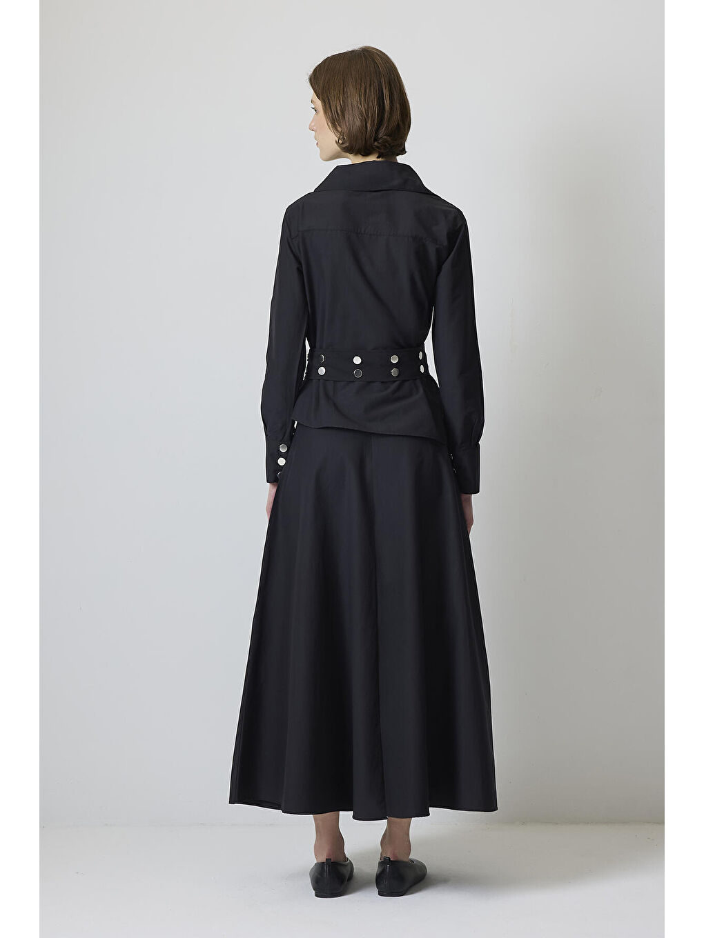 Siyah Kuşgözü Kemerli Gömlek Etek Takım-3