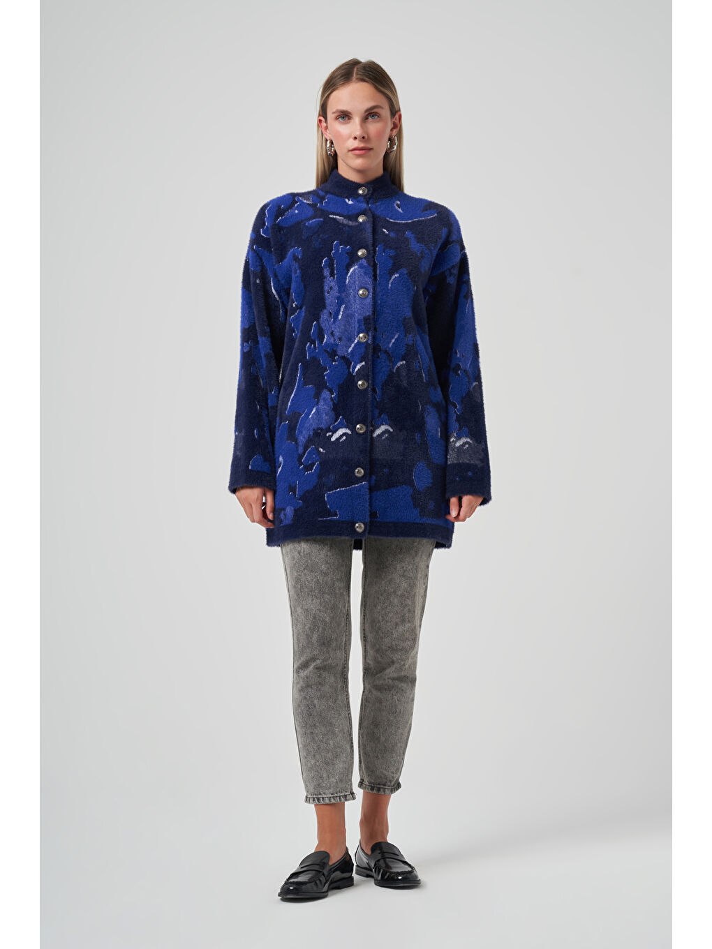 Desenli Düğme Detay Angora Hırka 7006 Lacivert-1