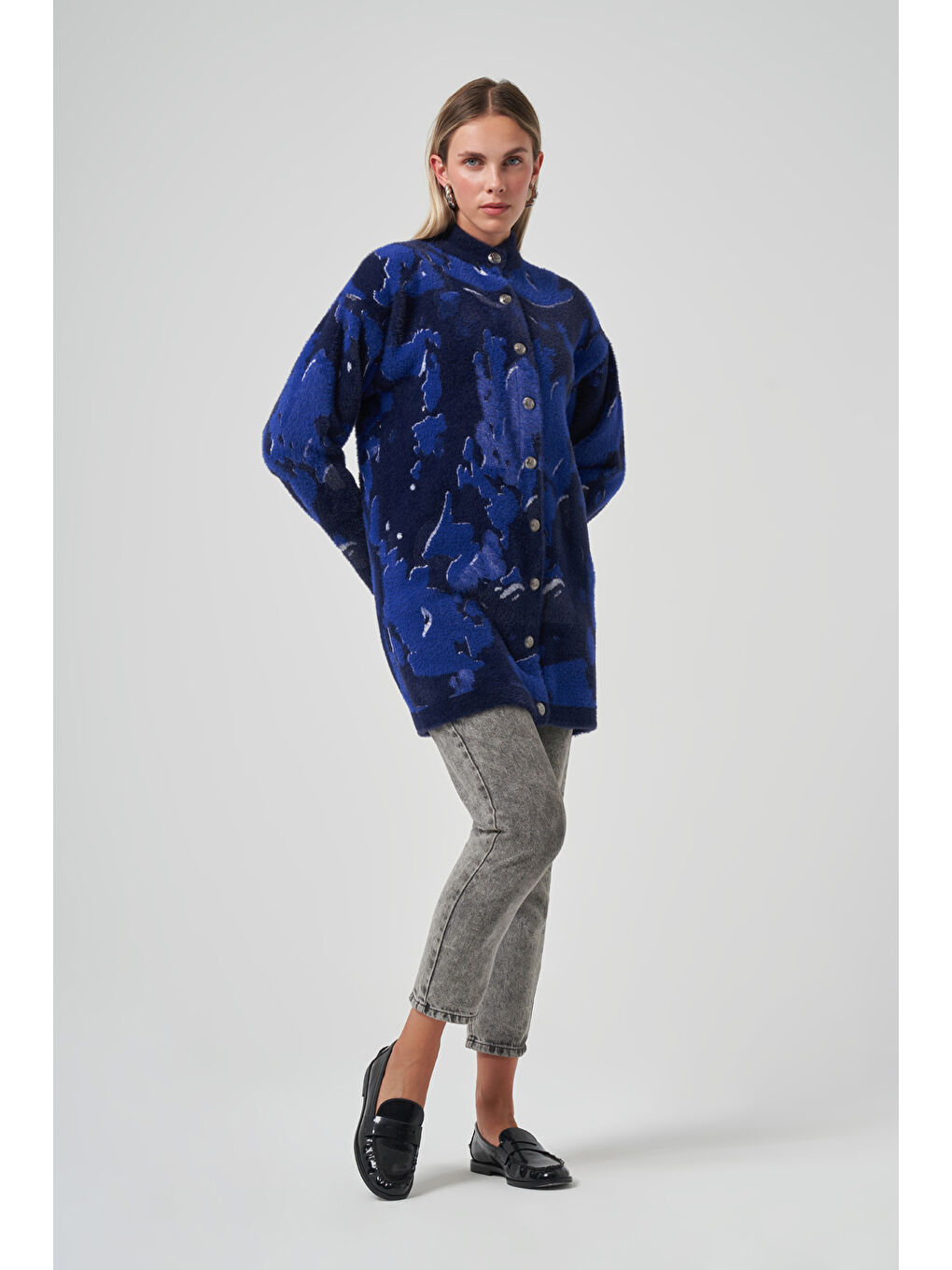 Desenli Düğme Detay Angora Hırka 7006 Lacivert-3