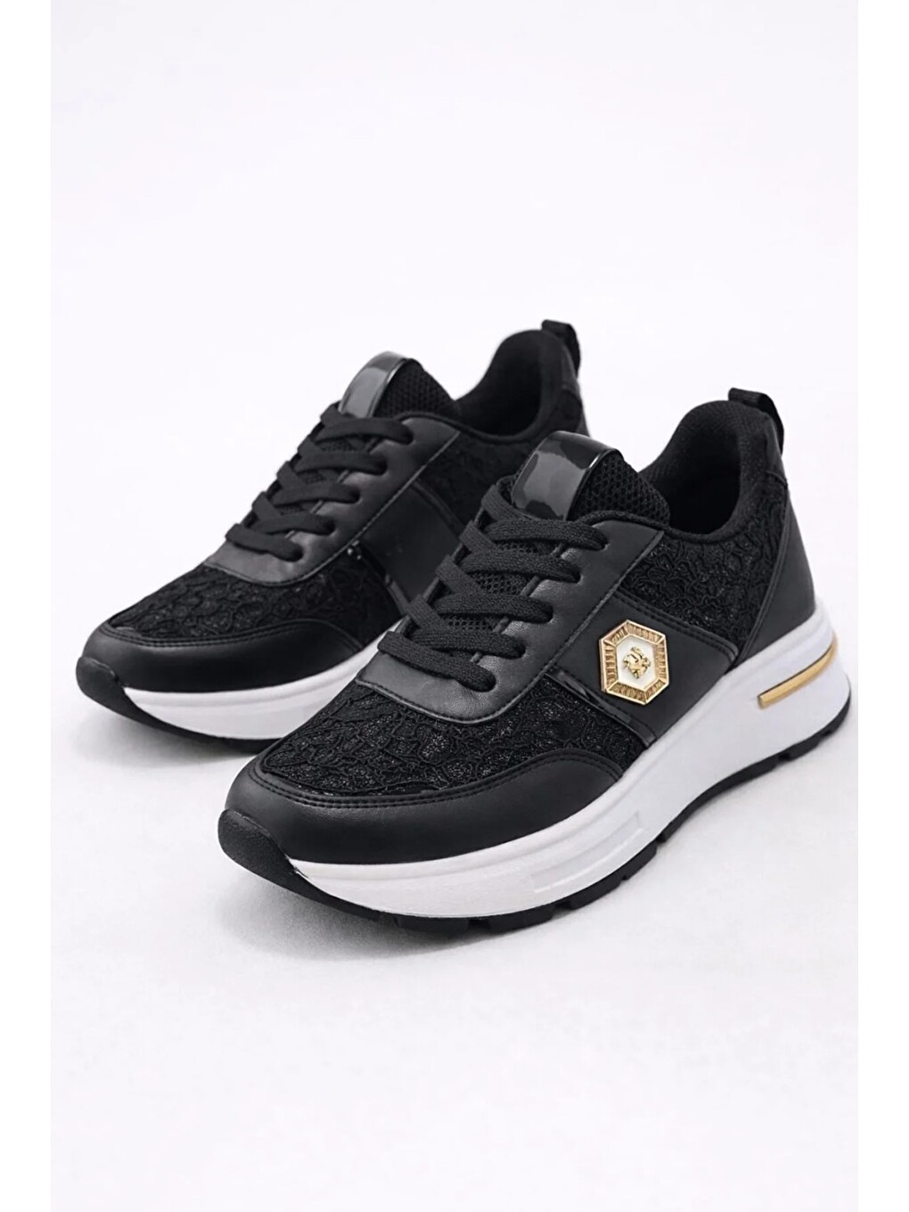 Siyah Dantel Detaylı Trend 5 Cm Platform Yüksek Taban Kadın Sneaker Spor Ayakkabı