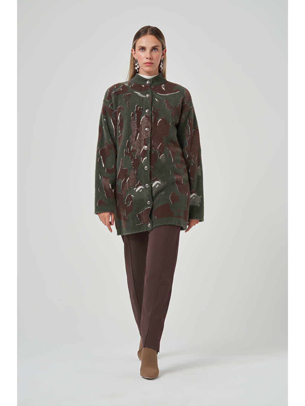 Desenli Düğme Detay Angora Hırka 7006 Haki-1