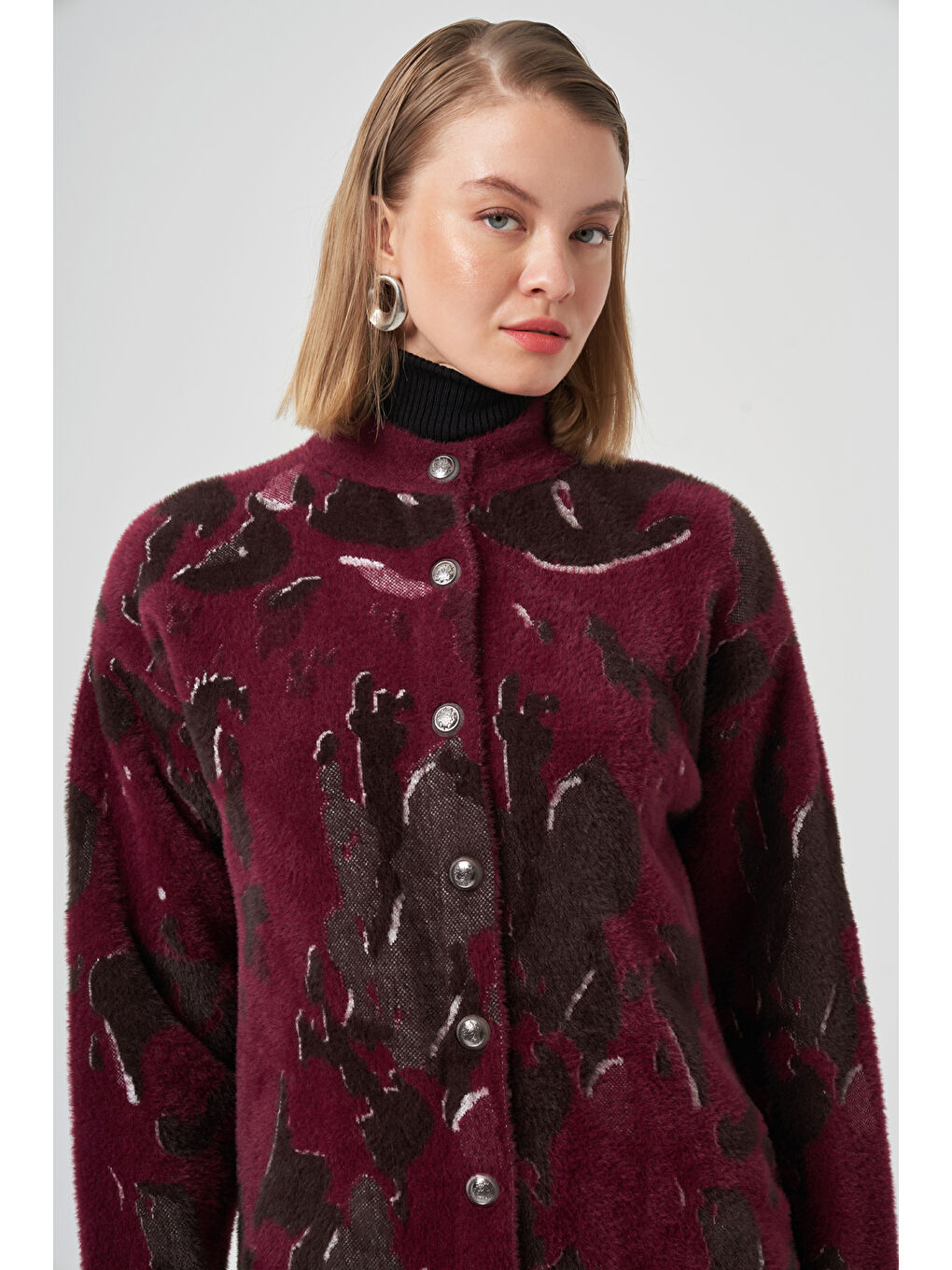 Desenli Düğme Detay Angora Hırka 7006 Bordo