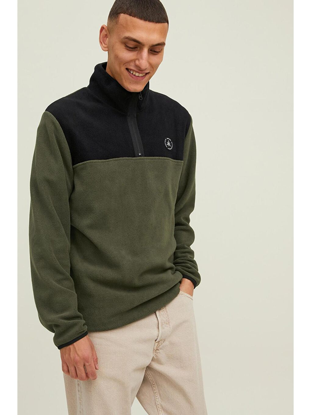 Jack & Jones Haki Jcotech Regular Fit Yarım Fermuarlı Dik Yaka Polar Erkek Sweat 12218426