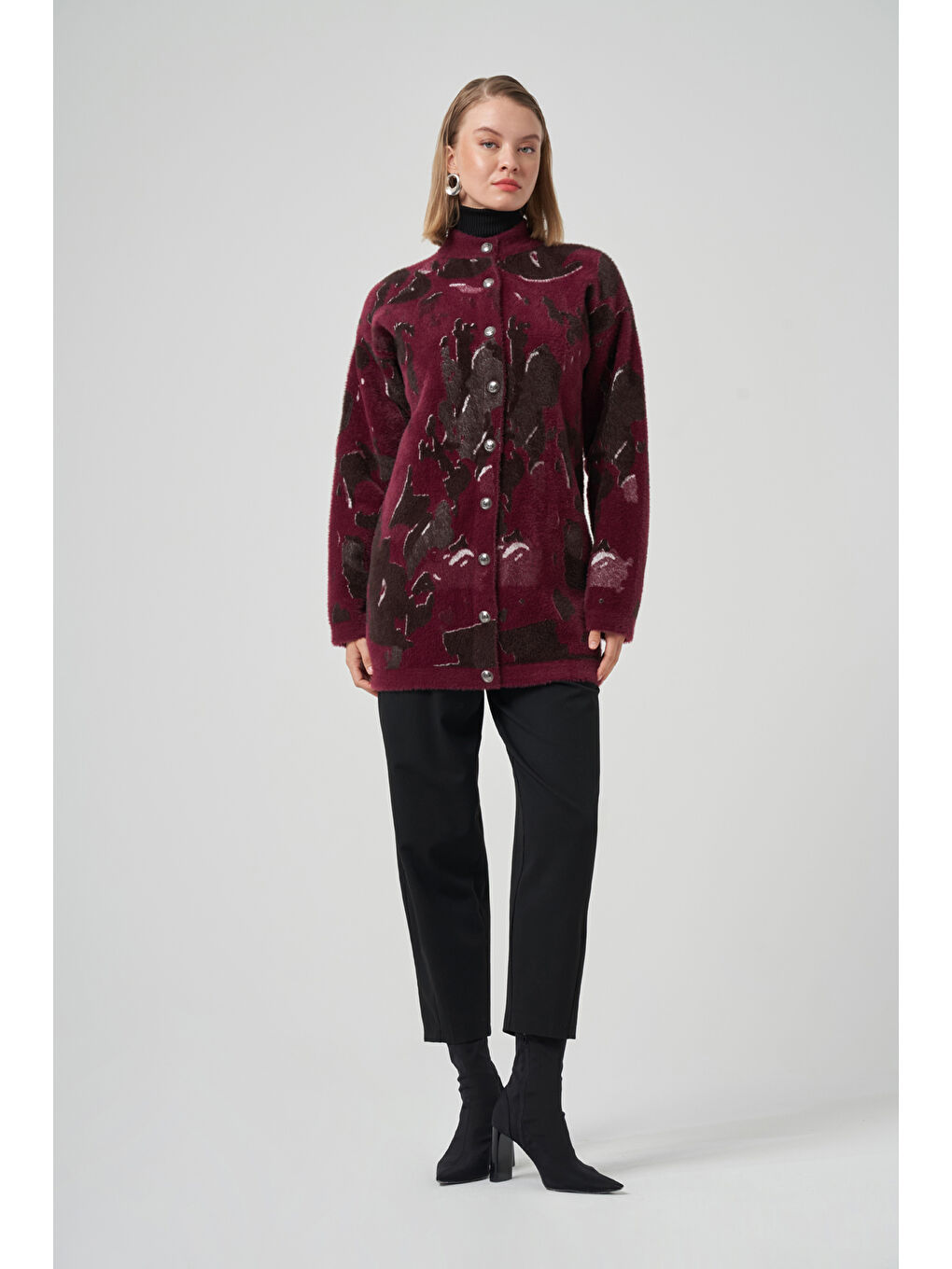Desenli Düğme Detay Angora Hırka 7006 Bordo-1