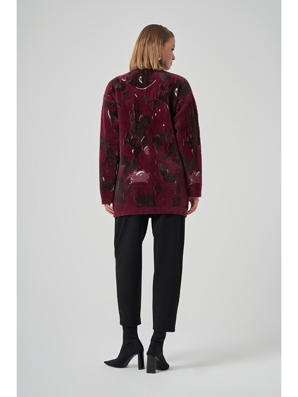 Desenli Düğme Detay Angora Hırka 7006 Bordo-2