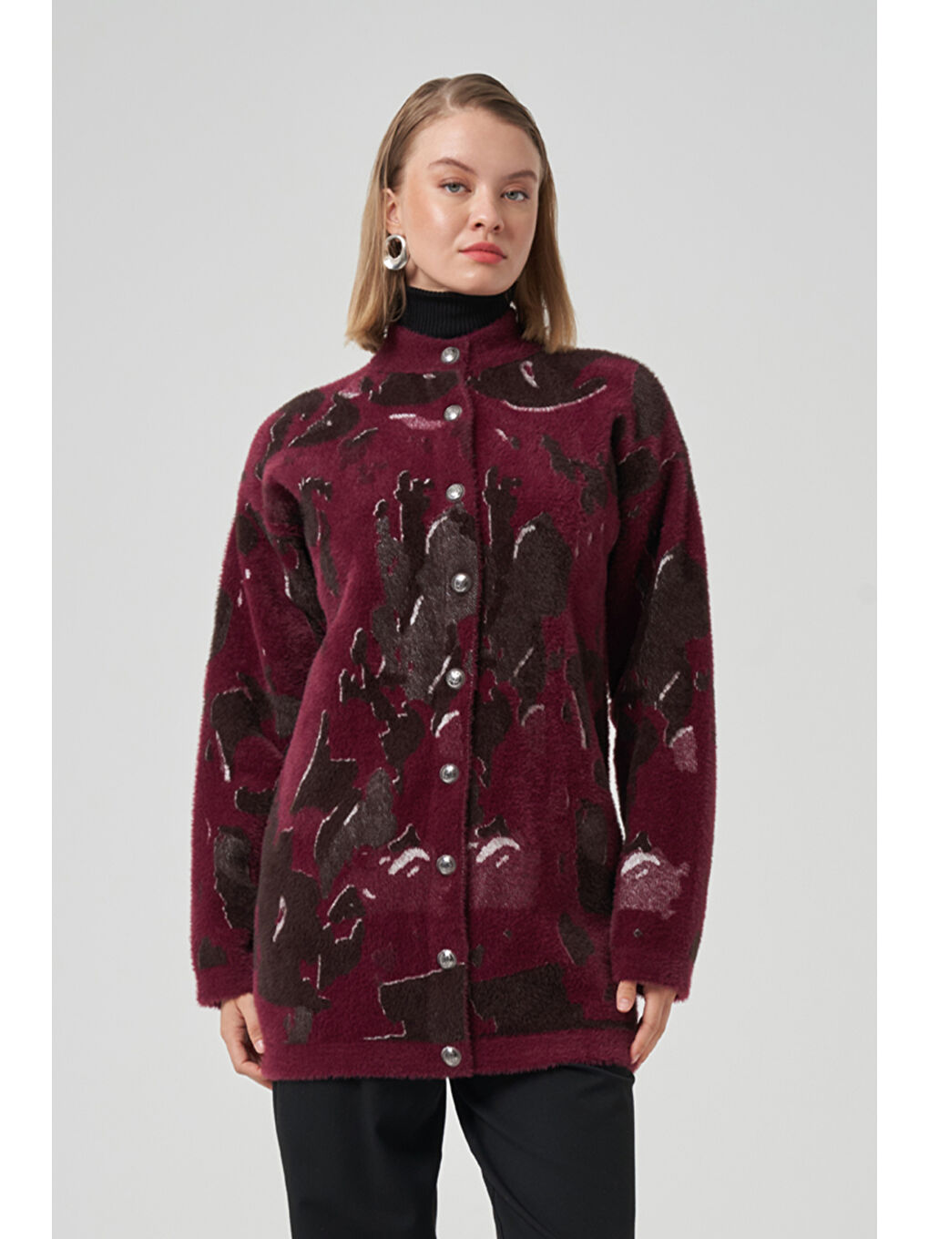 Desenli Düğme Detay Angora Hırka 7006 Bordo-3