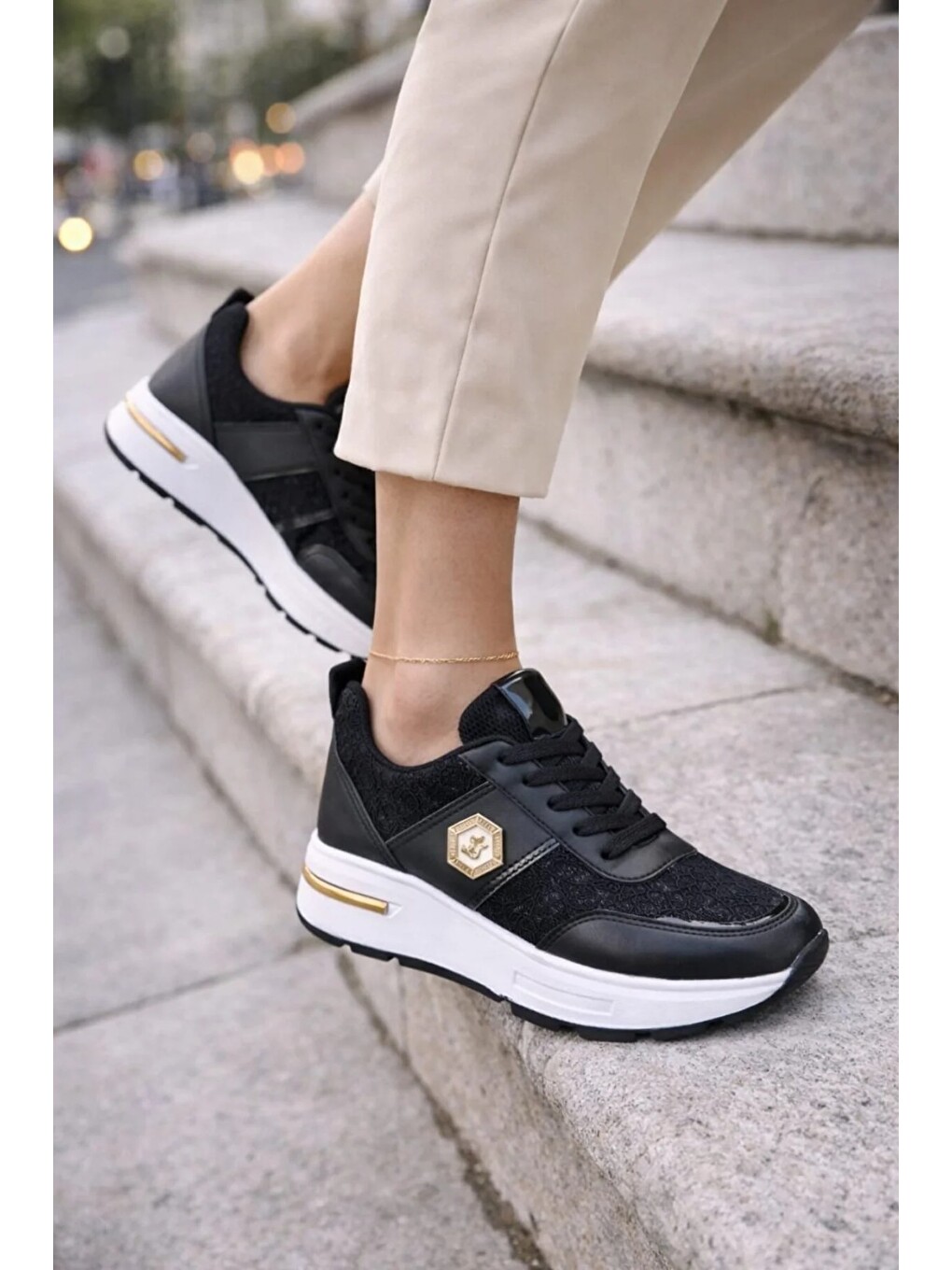 Siyah Dantel Detaylı Trend 5 Cm Platform Yüksek Taban Kadın Sneaker Spor Ayakkabı-2