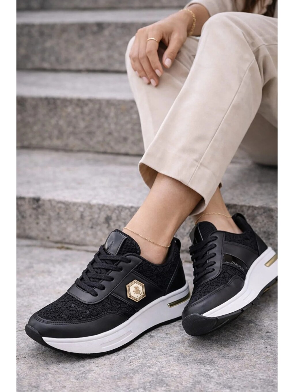 Siyah Dantel Detaylı Trend 5 Cm Platform Yüksek Taban Kadın Sneaker Spor Ayakkabı-4