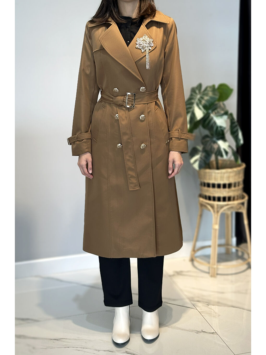 Kahverengi Çıkartılabilir Broş Ve Leopar Astar Detay Trençkot 6350 Taba-1