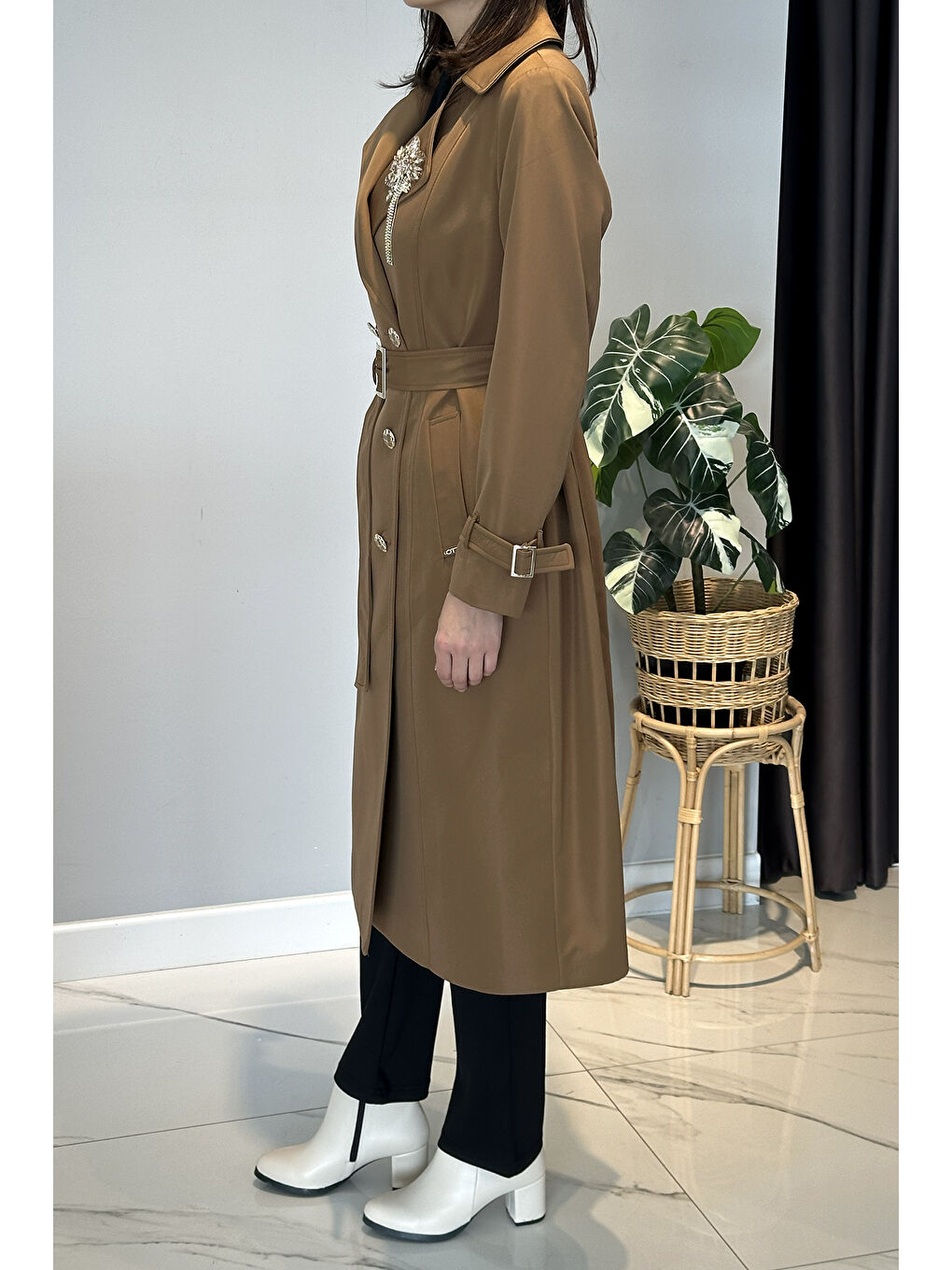 Kahverengi Çıkartılabilir Broş Ve Leopar Astar Detay Trençkot 6350 Taba-3