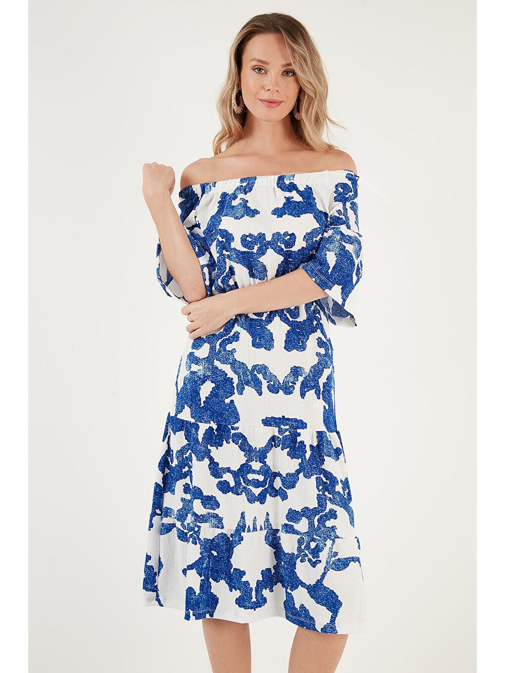 Lila Desenli Carmen Yaka Midi Elbise Kadın Elbise 5865623-1