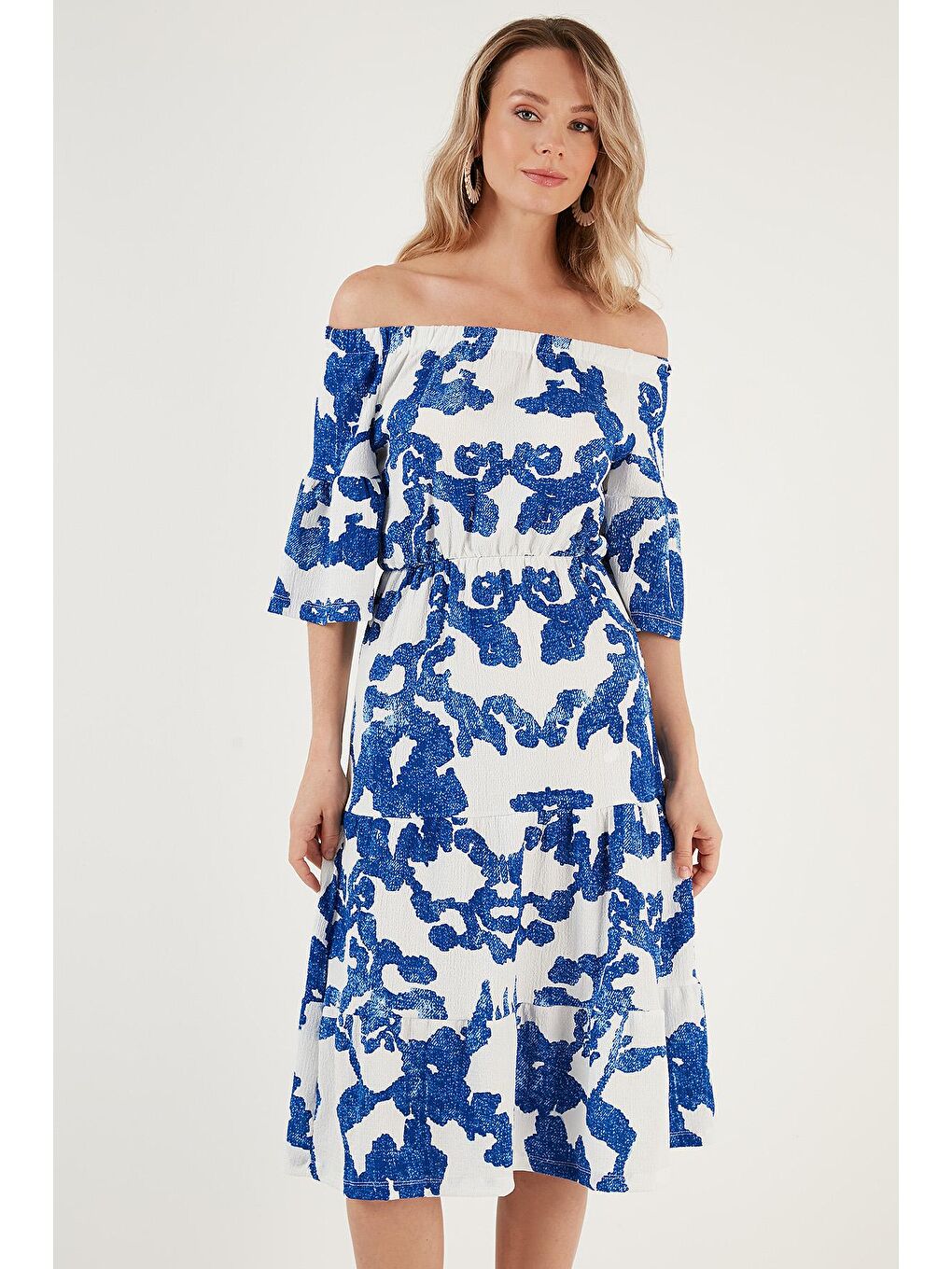 Lila Desenli Carmen Yaka Midi Elbise Kadın Elbise 5865623-2