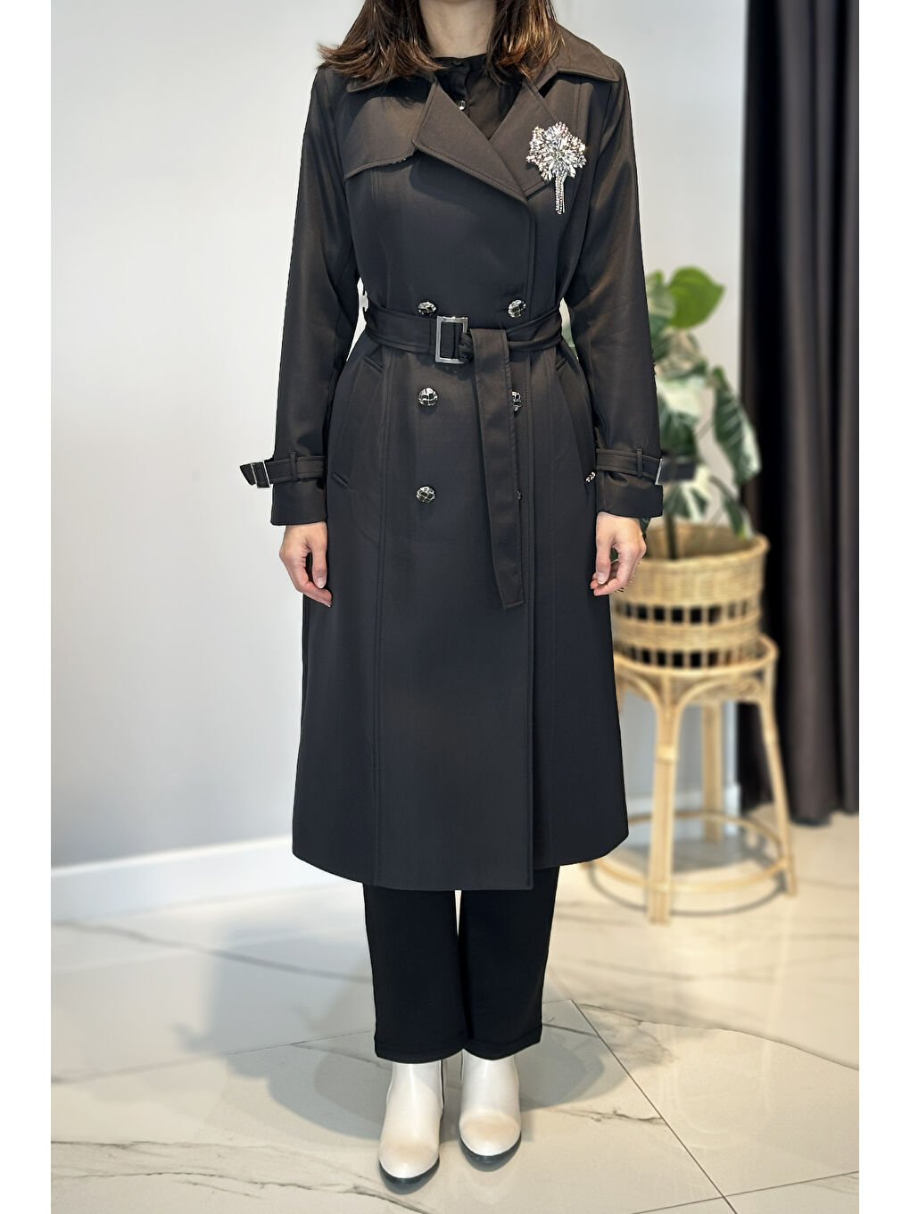 Çıkartılabilir Broş Ve Leopar Astar Detay Trençkot 6350 Siyah-1