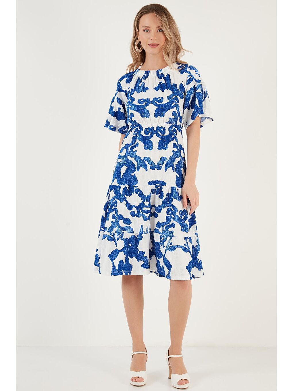 Lila Desenli Carmen Yaka Midi Elbise Kadın Elbise 5865623-3