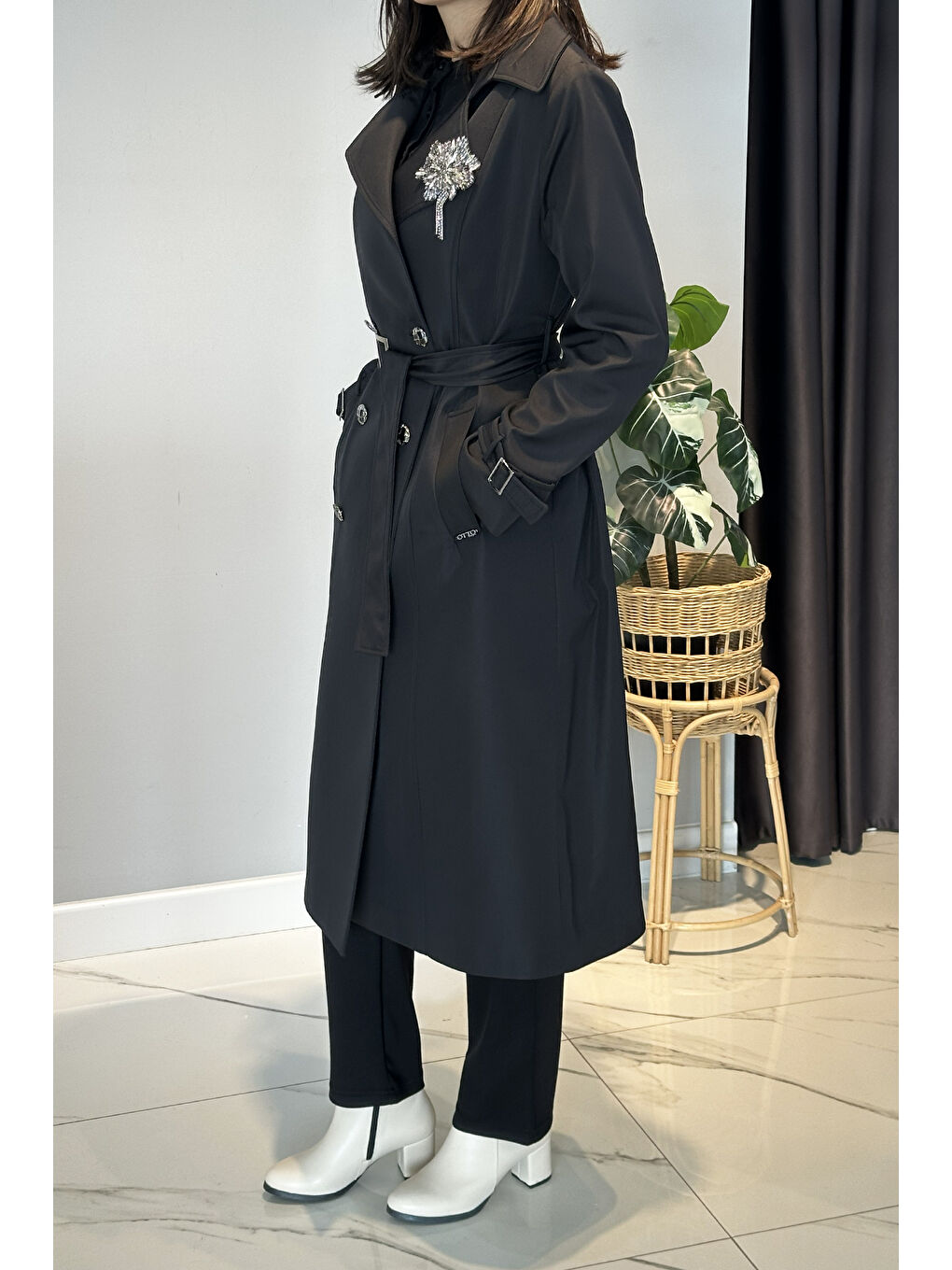 Çıkartılabilir Broş Ve Leopar Astar Detay Trençkot 6350 Siyah-3