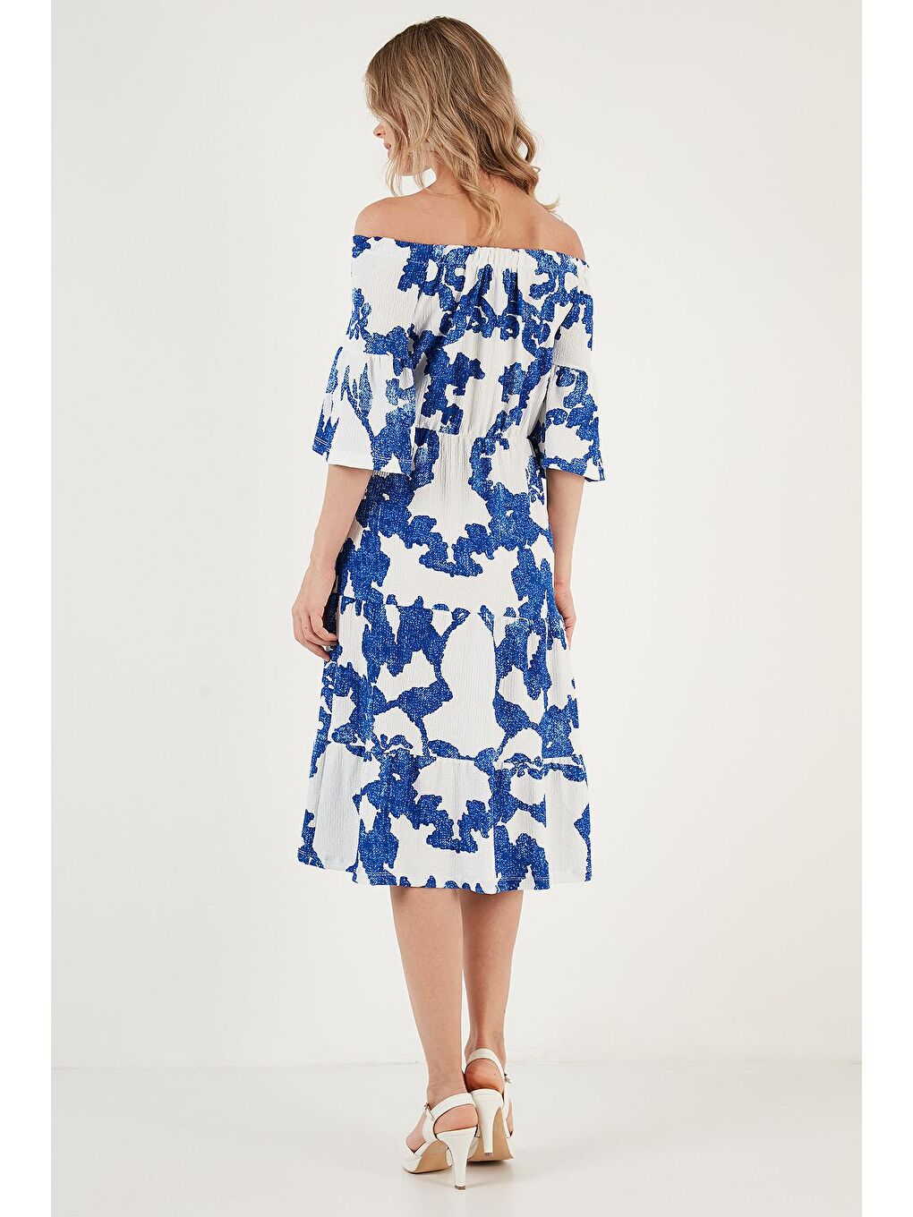 Lila Desenli Carmen Yaka Midi Elbise Kadın Elbise 5865623-4