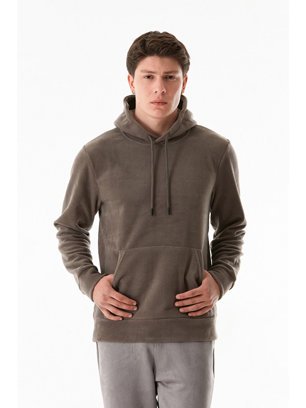 Fullamoda Gri Kapüşonlu Kanguru Cepli Polar Sweatshirt Hoodie