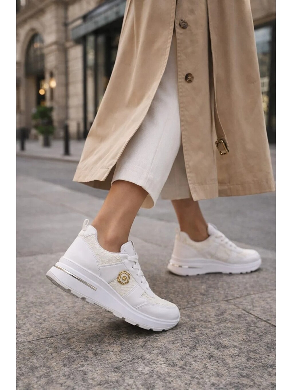 Beyaz Dantel Detaylı Trend 5 Cm Platform Yüksek Taban Kadın Sneaker Spor Ayakkabı-4