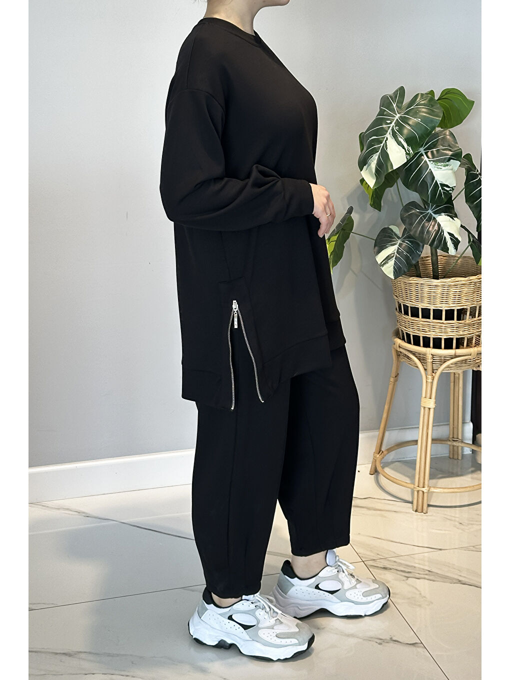 Yanları Fermuar Detay Penye Takım 2034 Siyah-1