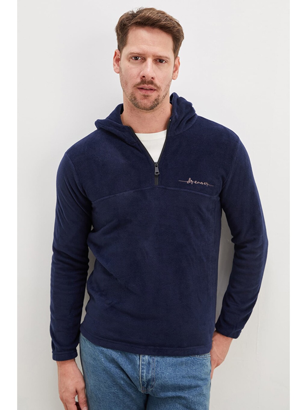 Lacivert Yarım Fermuarlı Kapüşonlu Polar Sweatshirt