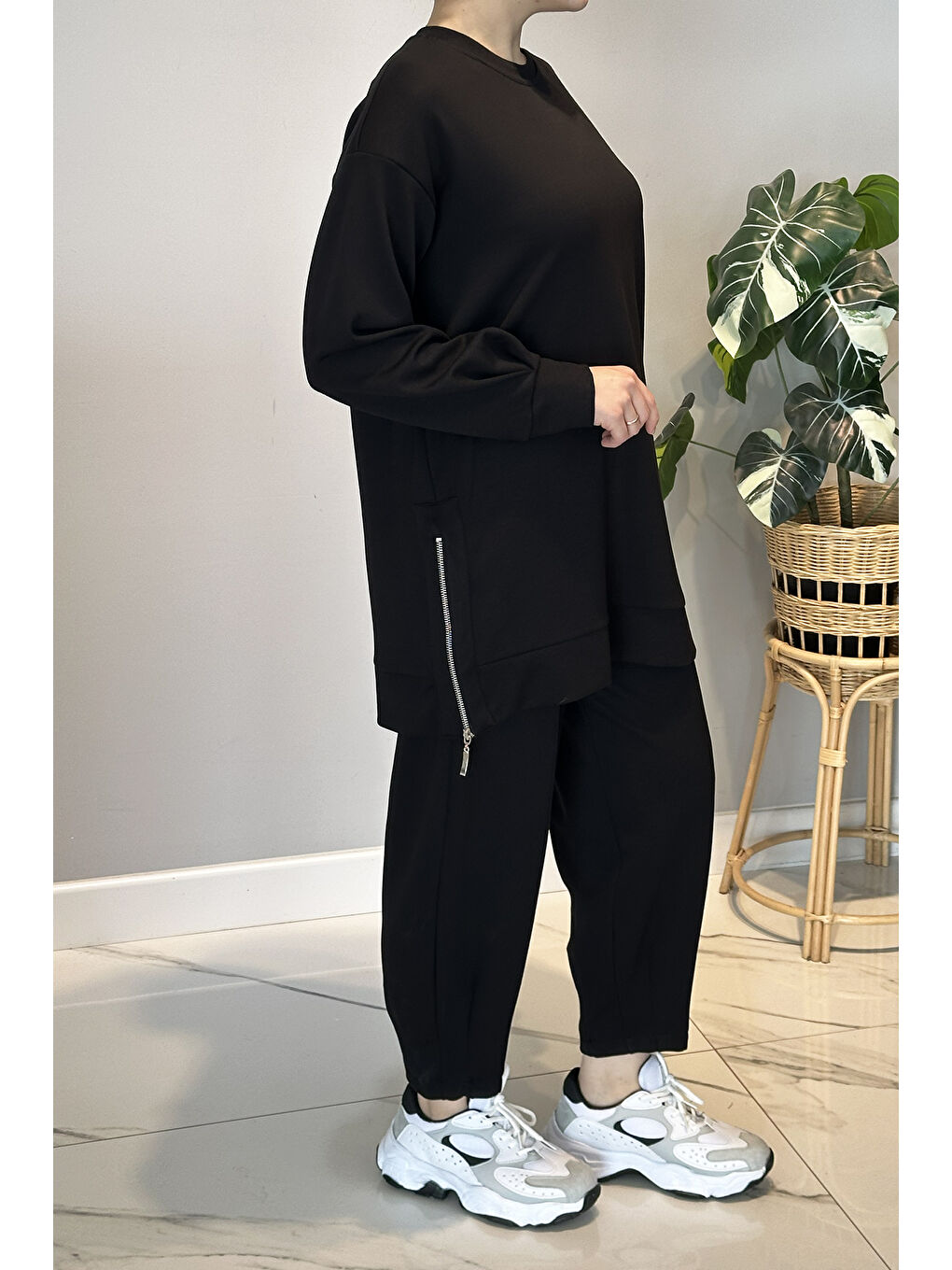 Yanları Fermuar Detay Penye Takım 2034 Siyah-3