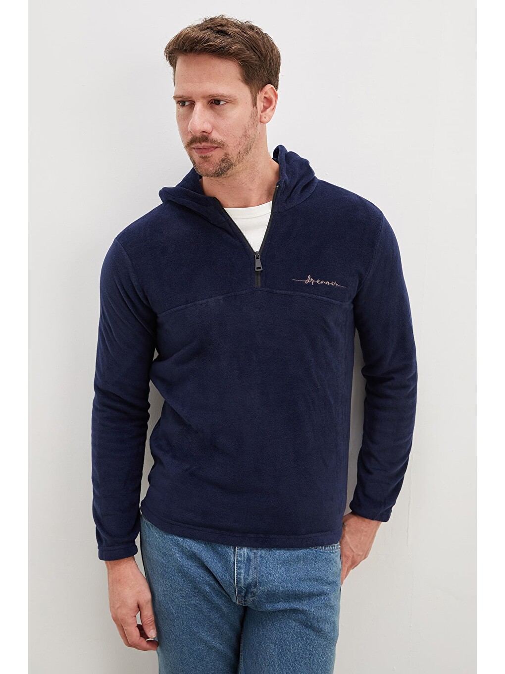 Lacivert Yarım Fermuarlı Kapüşonlu Polar Sweatshirt-1