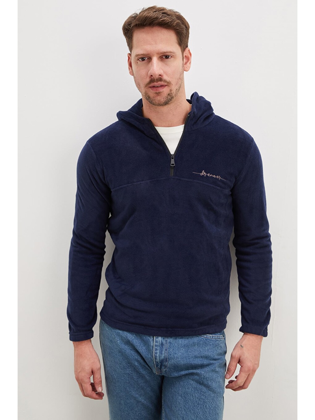 Lacivert Yarım Fermuarlı Kapüşonlu Polar Sweatshirt-3
