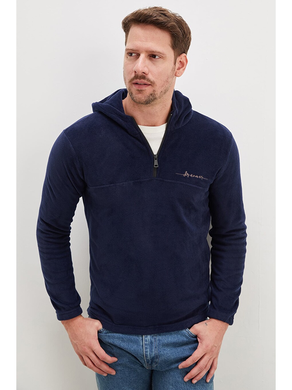 Lacivert Yarım Fermuarlı Kapüşonlu Polar Sweatshirt-4