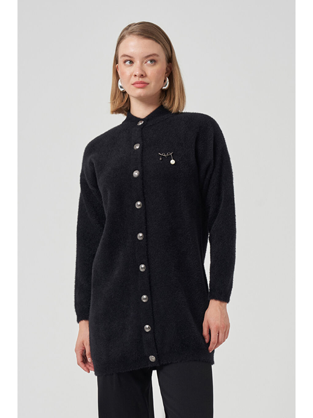 Düğme Detay Angora Hırka 7005 Siyah