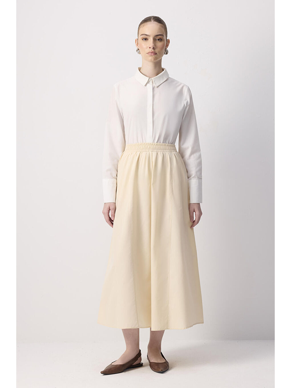 Bej Beli Büzgülü Dokuma Etek