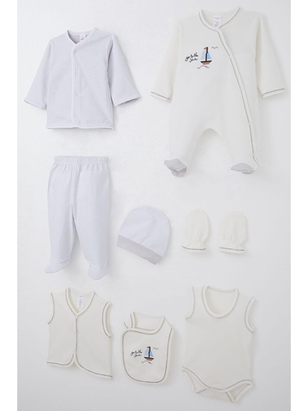 Erkek Bebek Hastane Çıkışı 8 Li Yelkenli Kanaviçe İşlemeli Ekru (0-3 Ay)-1