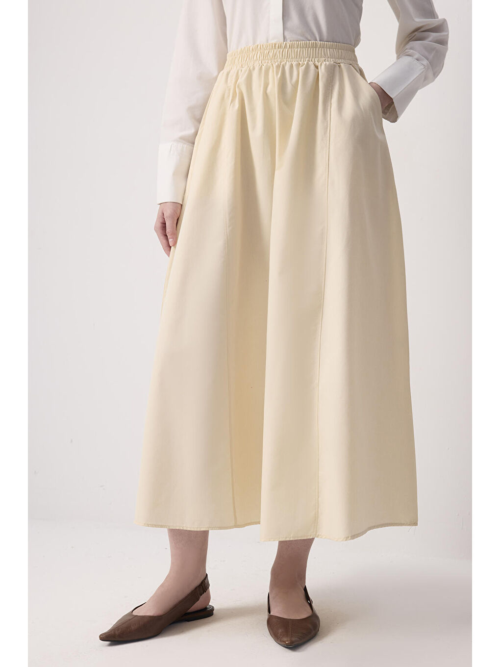 Bej Beli Büzgülü Dokuma Etek-1